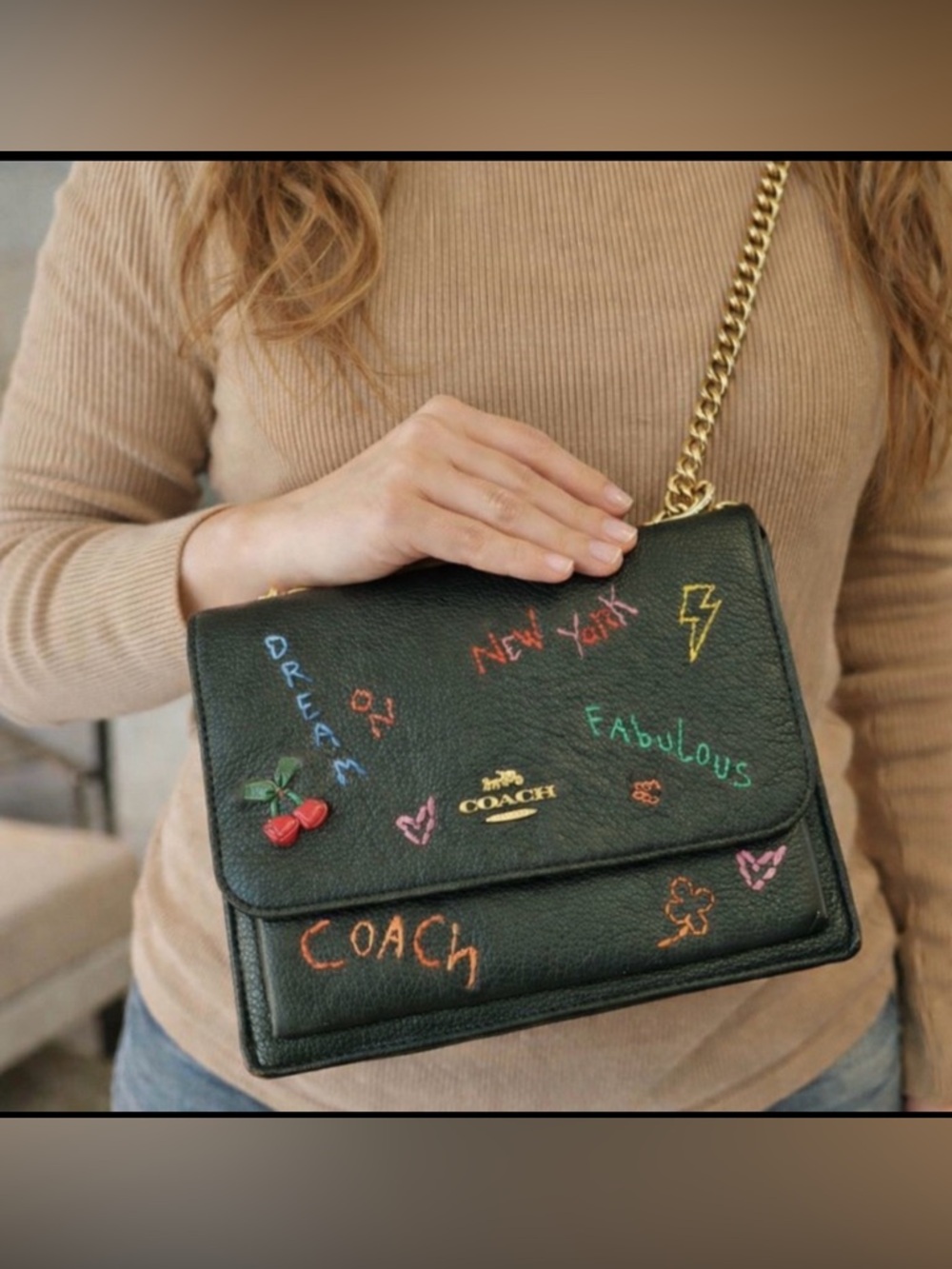 Coach Black Leather Embroidered Chain Shoulder Bag with Multicolor Accents
